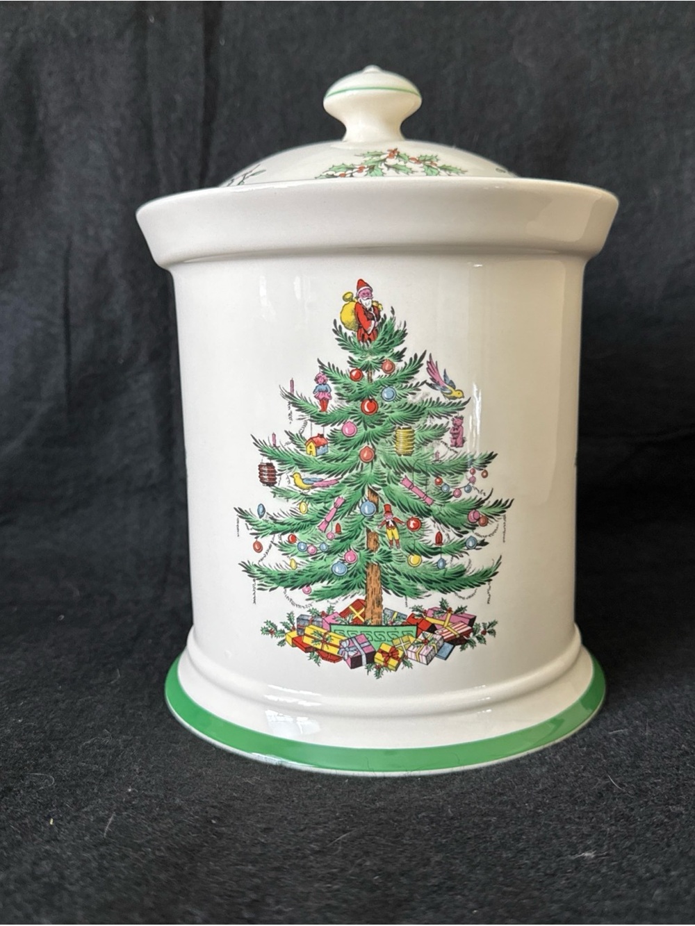 Spode Christmas Tree Cookie Jar Storage Canister w/Lid  9" Tall 6.5" Wide